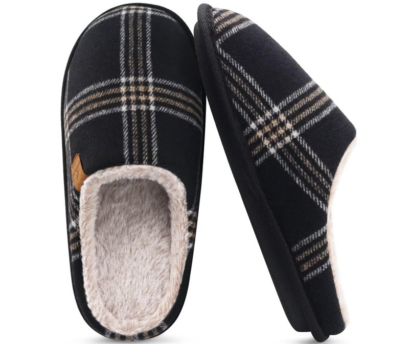 COFACE Mens Black Flano Plaid Cozy Memory Foam scuff Slippers Slip On Warm House Shoes Indoor/Outdoor With Best Arch Support Size 13 - Image 2